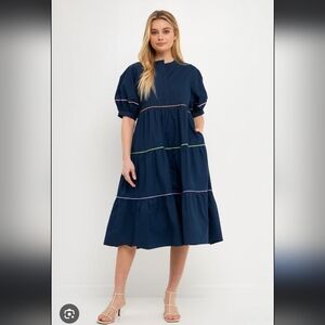 English Factory Short Puff Sleeve Babydoll Dress Piping Detail, XS